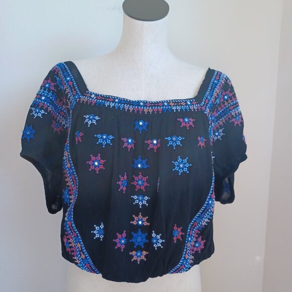 Free People Top Black Embroidered Mirror Cropped Peasant Boho Womens Large - Picture 2 of 13